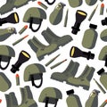 Vector seamless pattern with flat army goods like helmet, flask, flashlight, military boots and bullets on white background. Flat Royalty Free Stock Photo