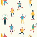 Vector seamless pattern in flat design with group of people doing different kinds of sport