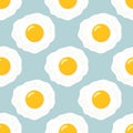 Vector Seamless Pattern with Flat Fried Egg, Omelet on a Blue Background. Healthy Breakfast, Protein Food, Diet Meal Royalty Free Stock Photo