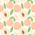 Vector seamless pattern with flat ripe peach or nectarine with leaves. Royalty Free Stock Photo