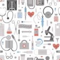Vector seamless pattern with flat medical icons. Medicine or health insurance, research background. Healthcare and laboratory Royalty Free Stock Photo