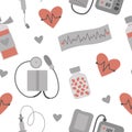 Vector seamless pattern with flat medical icons. Medicine heart health background. Cardio healthcare equipment digital paper.