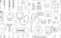 Vector seamless pattern with flat medical line icons. Medicine or health insurance, research outline background. Healthcare and Royalty Free Stock Photo