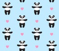 Vector seamless pattern of flat panda and heart