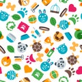 Vector seamless pattern with flat pets icons. Goods for animals.