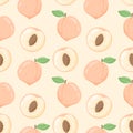 Vector seamless pattern with flat ripe peach or nectarine with leaves Royalty Free Stock Photo