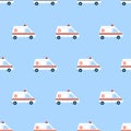 Vector seamless pattern in flat style. Endless texture, wallpaper, background, fabric print. White ambulance car with