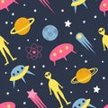 Vector seamless pattern in flat style on space theme with hand drawn aliens, ufo Royalty Free Stock Photo