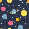 Vector seamless pattern in flat style on space theme with hand drawn  planets, stars. Royalty Free Stock Photo