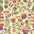 Vector seamless pattern with floral doodling design.