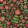 Vector seamless pattern with floral doodling design.