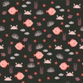 Vector seamless pattern with flounder, crab, seaweed, starfish, clownfish.Underwater cartoon creatures.Marine background