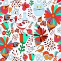 Vector seamless pattern with flower, bird and butterfly, cartoon Royalty Free Stock Photo