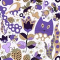 Vector seamless pattern with flower,cat and butterfly, cartoon d Royalty Free Stock Photo