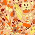 Vector seamless pattern with flower,cat and butterfly, cartoon d Royalty Free Stock Photo