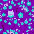 Vector seamless pattern with flower,cat and butterfly, cartoon d Royalty Free Stock Photo