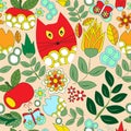 Vector seamless pattern with flower,cat and butterfly, cartoon d Royalty Free Stock Photo