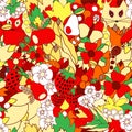 Vector seamless pattern with flower,cat, snail. apple and strawb