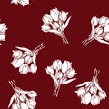 Vector seamless pattern with flower tulips of white and dark redcolors. Cartoon illustration in realistic style