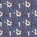 Vector seamless pattern with flowerpots with flowers, hearts and stars.