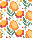 Vector seamless pattern with flowers and flower head with folk arts on white background. Texture with sunflowers and poppies