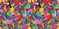 Vector seamless pattern with flowers, fruits, birds, musical instruments. Brazil carnival. Design templates for carnival