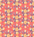 Seamless pattern with bellflowers and leaves oaf in vintage style on a red background