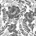 Vector seamless pattern with flowers, leaves and branches. Hand drawing