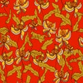 vector seamless pattern with flowers, leaves, physalis on a colored background. For fabrics, scrapbooking, cards, wallpaper,
