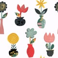 Vector seamless pattern with flowers in pots and hand drawn texture. Trendy abstract design.