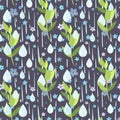 Vector seamless pattern with forget-me-not flowers, leaves and rain drops on the dark background. Cute pattern with blue Royalty Free Stock Photo