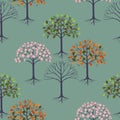 Vector seamless pattern with four seasonal trees, graphic drawing of Spring Summer Autumn Winter on green background, element for Royalty Free Stock Photo