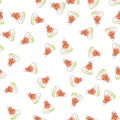 Vector seamless pattern with fresh watermelon slices on a white backgroud. Lifght backdrop. Royalty Free Stock Photo