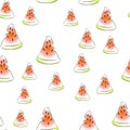 Vector seamless pattern with fresh watermelon slices on a white backgroud. Lifght backdrop. Royalty Free Stock Photo
