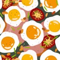 Vector seamless pattern with fried eggs, tomatoes, slices of ham and beans. English breakfast concept Royalty Free Stock Photo