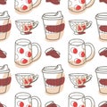 vector seamless pattern on the fun cups for tea and coffee