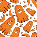 Vector seamless pattern fun Ghost among the stars and the month. Funky monster for Halloween. Design for textiles, paper,