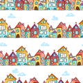 Vector seamless pattern with fun hand drawn houses, colorful background for kids, great for banners, wallpapers