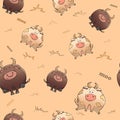 Vector seamless pattern with funny animal. Cute fat cow and severe bull. Thick amusing beasts. Texture on beige background. Royalty Free Stock Photo