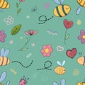 Vector seamless pattern, funny bees and flowers Royalty Free Stock Photo