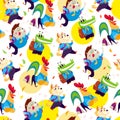 Vector seamless pattern with funny cartoon animal students isolated on white background