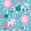 Vector seamless pattern. Funny Children`s background. Multi-colored cats, trees, mouse, and ice cream. Royalty Free Stock Photo