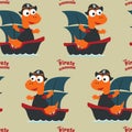 Vector seamless pattern with funny dinosaur pirate cartoon, Cute Marine pattern for fabric, textile, nursery, baby clothes,