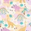 Vector seamless pattern with funny dinosaurs, palms, volcanoes. Doodle funny animal design for baby textiles.