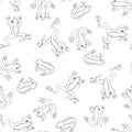 Vector seamless pattern with funny frogs on pond isolated on white. Hand drawn texture with cute cartoon characters in doodle