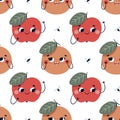 Vector seamless pattern with funny fruits characters: Apple, Orange, insects and leaves. Cartoon illustration for baby Royalty Free Stock Photo