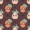 Vector seamless pattern with funny fruits characters: Pear, Apricot, rainbow and insects. Cartoon illustration for baby