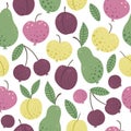 Vector seamless pattern with funny hand drawn flat garden fruits and berries. Colored apple, pear, plum, peach, cherry texture.