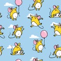 Vector seamless pattern with funny happy hand drawn mice characters isolated on blue background. Comic style. Royalty Free Stock Photo