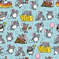 Vector seamless pattern with funny happy hand drawn mice characters isolated on blue background. Royalty Free Stock Photo